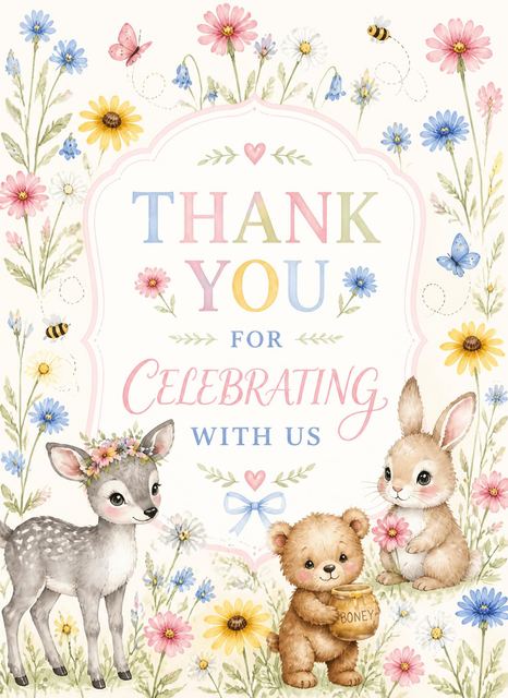 Thank-you flat in the Watercolor Woodland Animal Birthday Invitation design