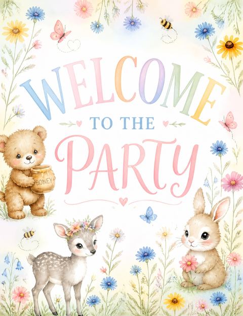 Welcome sign in the Watercolor Woodland Animal Birthday Invitation design