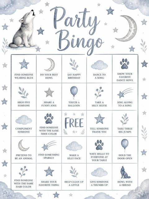 Bingo grid in the Charcoal Watercolor Wolf 4th Birthday design