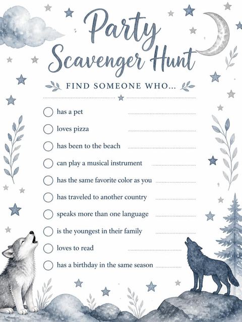 Scavenger hunt in the Charcoal Watercolor Wolf 4th Birthday design