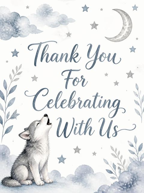 Thank-you flat in the Charcoal Watercolor Wolf 4th Birthday design