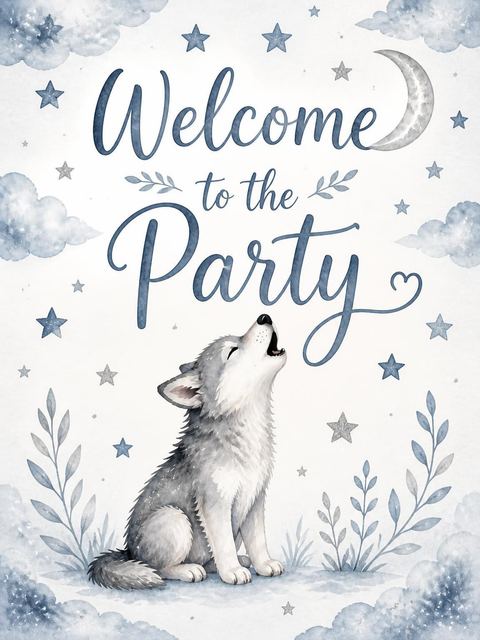 Welcome sign in the Charcoal Watercolor Wolf 4th Birthday design