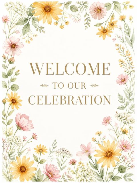 Welcome sign in the Wildflower Meadow Botanical Wedding Invitation design