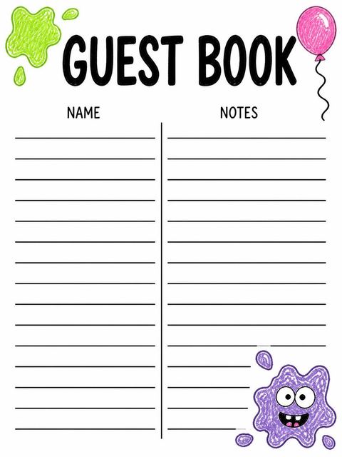 Guest sign-in sheet in the Neon Slime Doodle 4th Birthday Party design