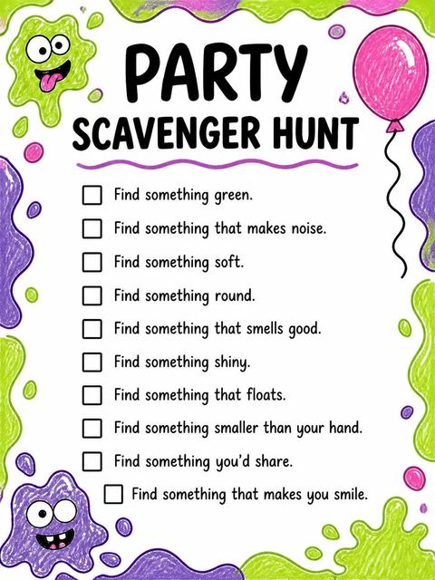 Scavenger hunt in the Neon Slime Doodle 4th Birthday Party design