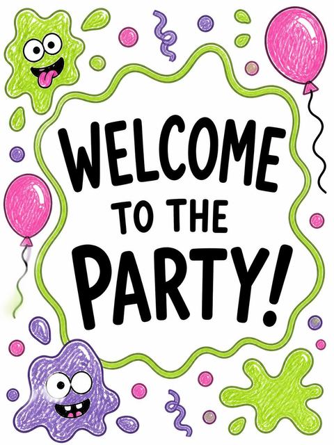 Welcome sign in the Neon Slime Doodle 4th Birthday Party design