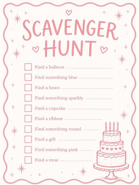 Scavenger hunt in the Blush Pink Cake 4th Birthday Invitation design