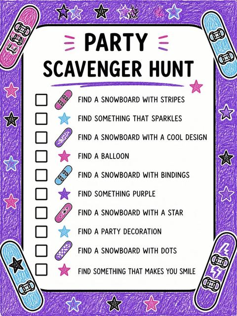 Scavenger hunt in the Crayon Snowboard Illustration 7th Birthday Invitation design