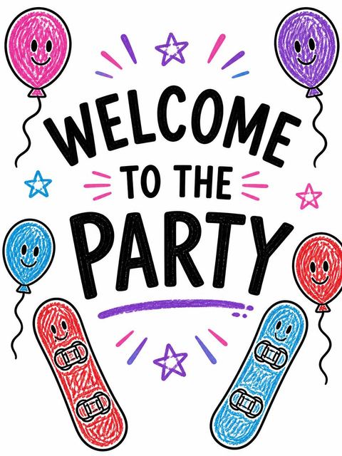 Welcome sign in the Crayon Snowboard Illustration 7th Birthday Invitation design
