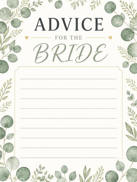 Advice card in the Watercolor Eucalyptus Gold Ribbon Bridal Shower design
