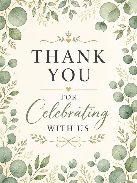 Thank-you flat in the Watercolor Eucalyptus Gold Ribbon Bridal Shower design