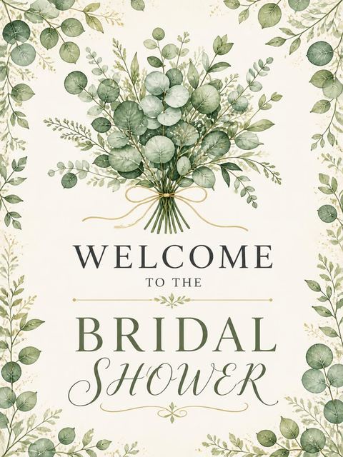 Welcome sign in the Watercolor Eucalyptus Gold Ribbon Bridal Shower design