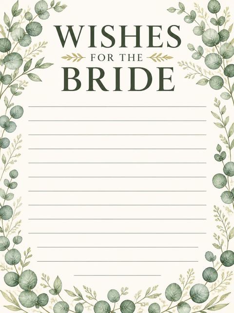 Wishes page in the Watercolor Eucalyptus Gold Ribbon Bridal Shower design