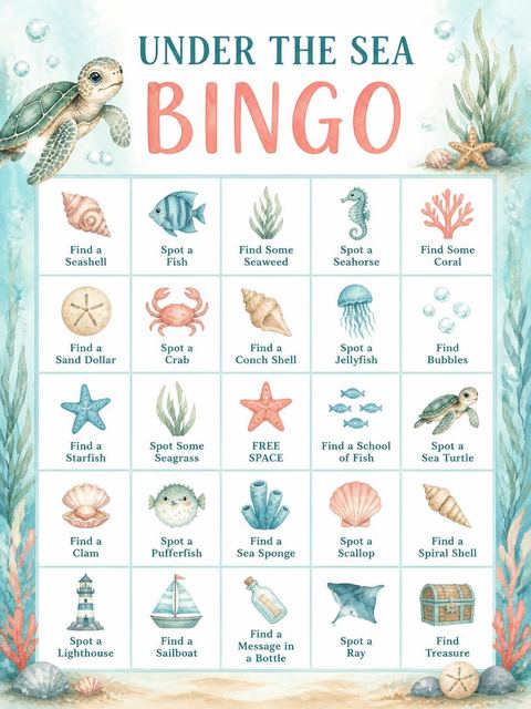 Bingo grid in the Watercolor Sea Turtle 4th Birthday design