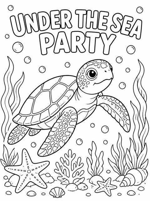 Coloring sheet in the Watercolor Sea Turtle 4th Birthday design