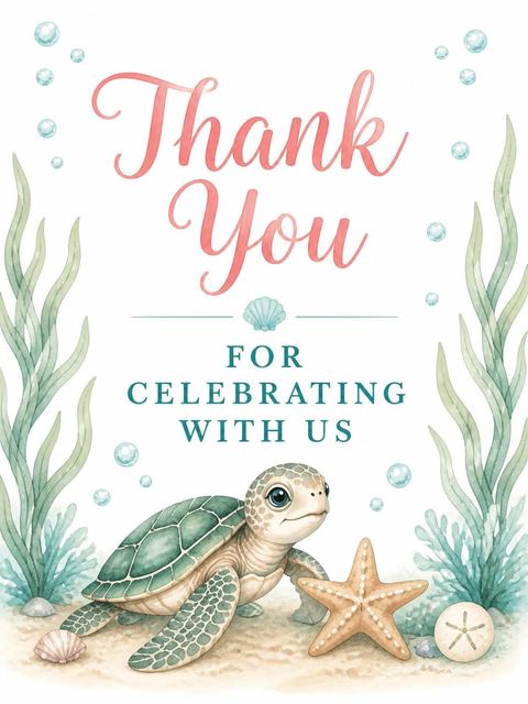 Thank-you flat in the Watercolor Sea Turtle 4th Birthday design