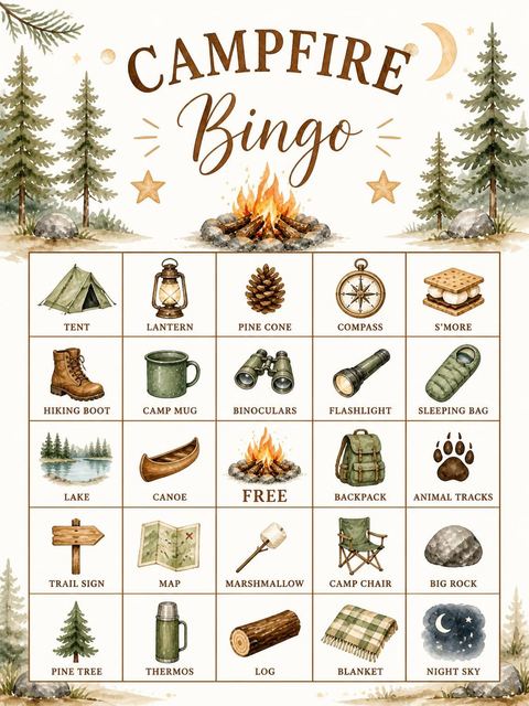 Bingo grid in the Watercolor Campfire S'mores 7th Birthday design