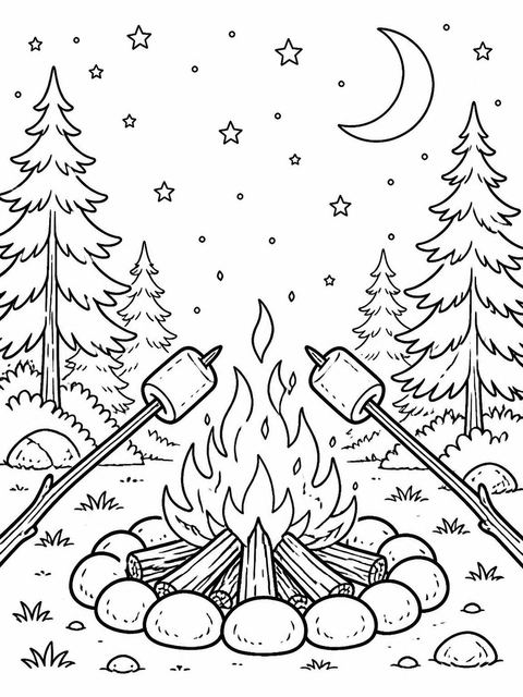 Coloring sheet in the Watercolor Campfire S'mores 7th Birthday design