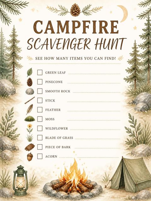 Scavenger hunt in the Watercolor Campfire S'mores 7th Birthday design