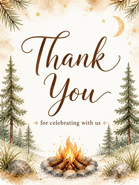 Thank-you flat in the Watercolor Campfire S'mores 7th Birthday design