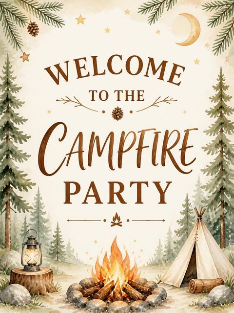Welcome sign in the Watercolor Campfire S'mores 7th Birthday design