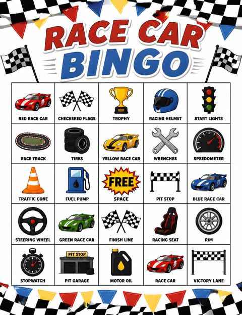 Bingo grid in the Cartoon Race Car 4th Birthday Invitation design