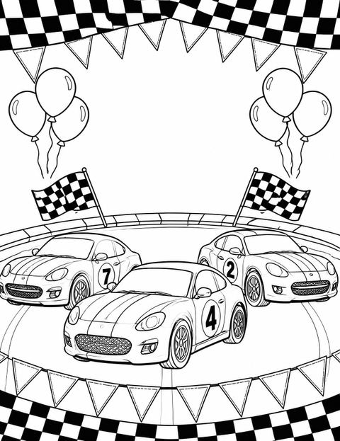 Coloring sheet in the Cartoon Race Car 4th Birthday Invitation design