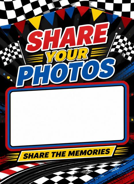 Hashtag card in the Cartoon Race Car 4th Birthday Invitation design