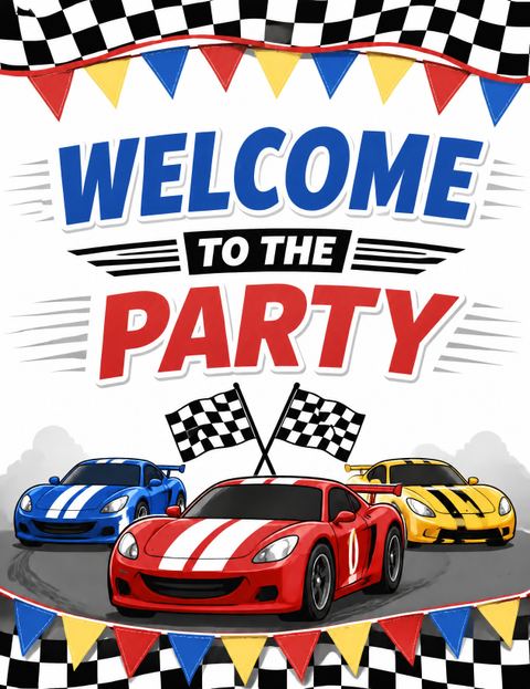 Welcome sign in the Cartoon Race Car 4th Birthday Invitation design