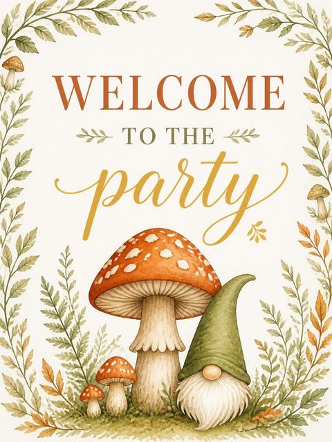 Welcome sign in the Watercolor Gnome Garden 2nd Birthday design