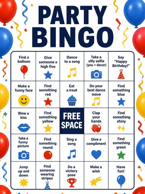 Bingo grid in the Primary Color Balloon Kids' 3rd Birthday design