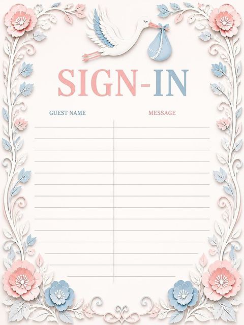 Guest sign-in sheet in the Pink and Blue Stork Baby Shower design