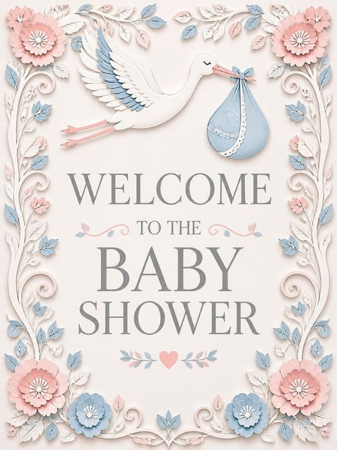 Welcome sign in the Pink and Blue Stork Baby Shower design
