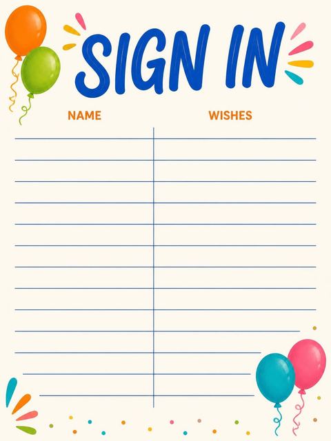 Guest sign-in sheet in the Primary Color Balloon 9th Birthday Invitation design