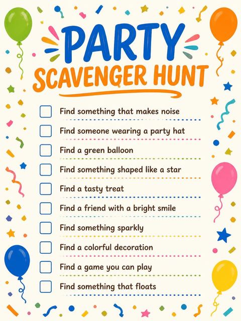 Scavenger hunt in the Primary Color Balloon 9th Birthday Invitation design