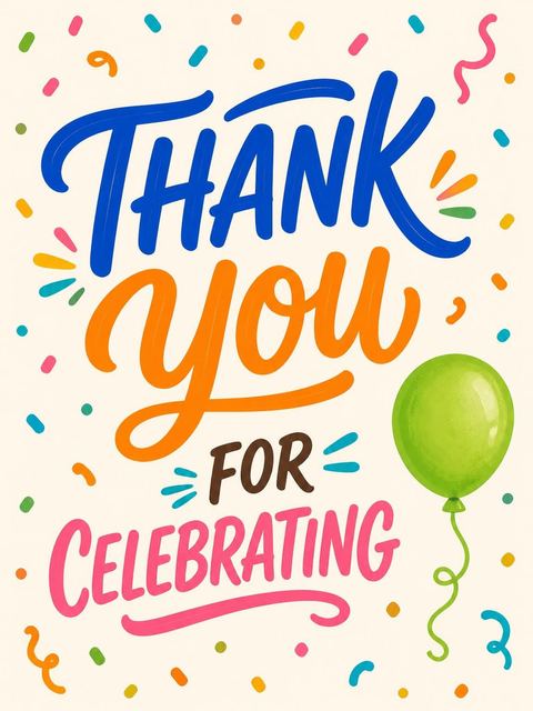 Thank-you flat in the Primary Color Balloon 9th Birthday Invitation design