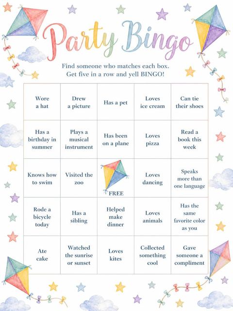 Bingo grid in the Watercolor Kite 3rd Birthday Invitation design