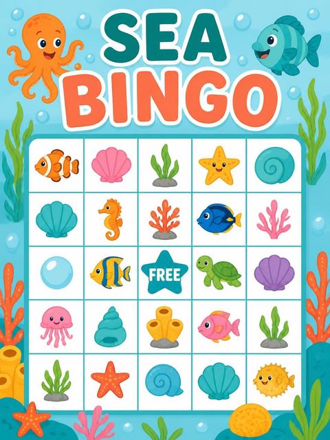 Bingo grid in the Cartoon Ocean Life 5th Birthday design