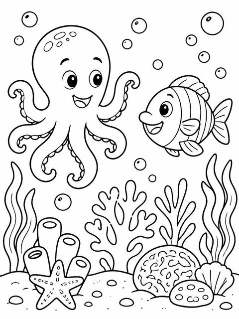 Coloring sheet in the Cartoon Ocean Life 5th Birthday design