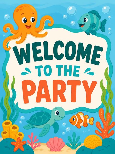 Welcome sign in the Cartoon Ocean Life 5th Birthday design