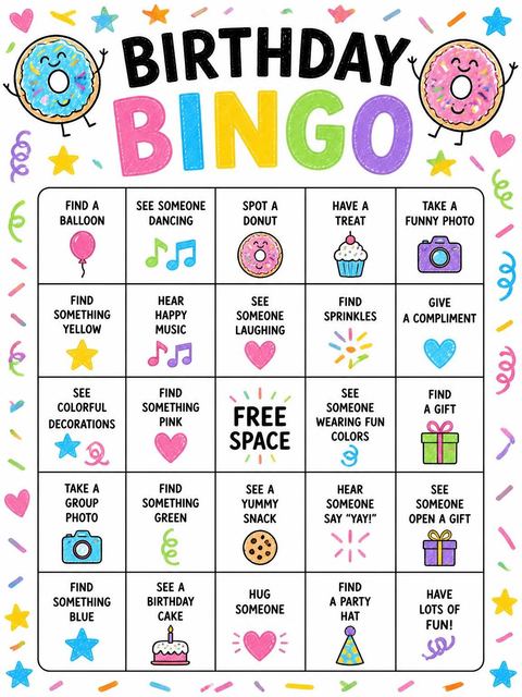 Bingo grid in the Crayon Donut Character 2nd Birthday Invitation design