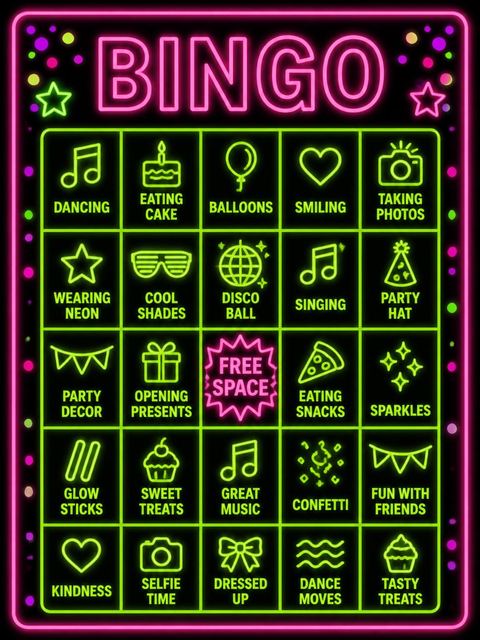 Bingo grid in the Neon Glow Number 5th Birthday Party design