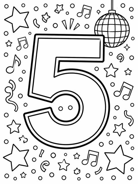 Coloring sheet in the Neon Glow Number 5th Birthday Party design