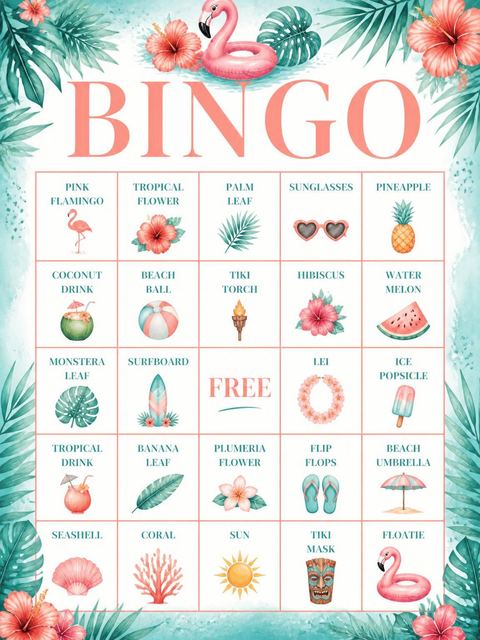 Bingo grid in the Watercolor Flamingo Tropical Luau Party design