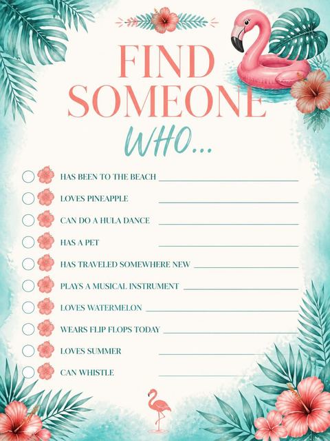 Scavenger hunt in the Watercolor Flamingo Tropical Luau Party design