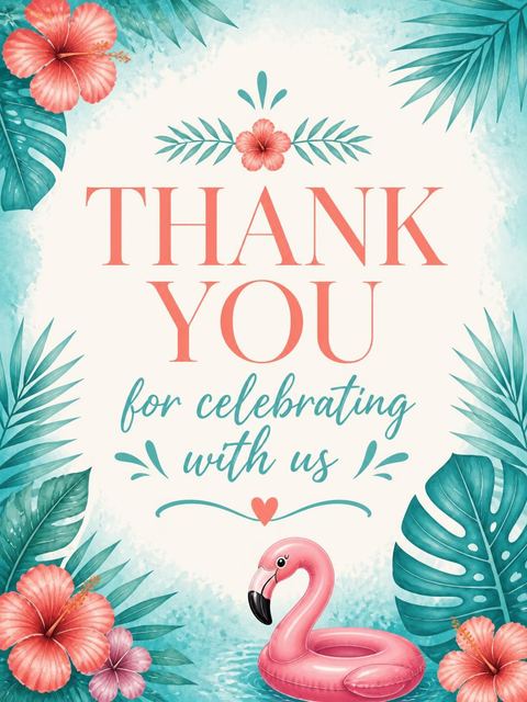 Thank-you flat in the Watercolor Flamingo Tropical Luau Party design