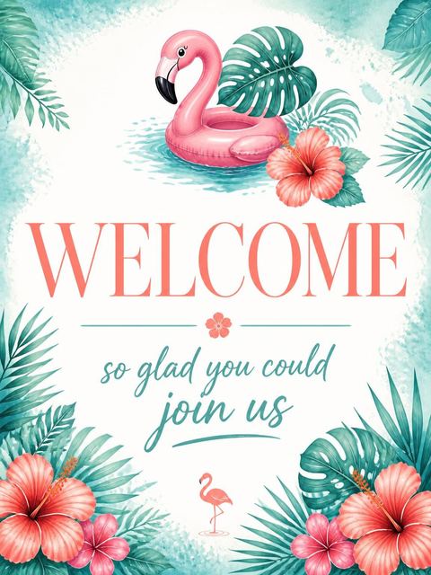 Welcome sign in the Watercolor Flamingo Tropical Luau Party design
