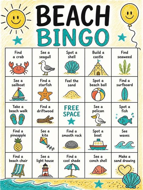Bingo grid in the Crayon Beach Sandcastle 8th Birthday design