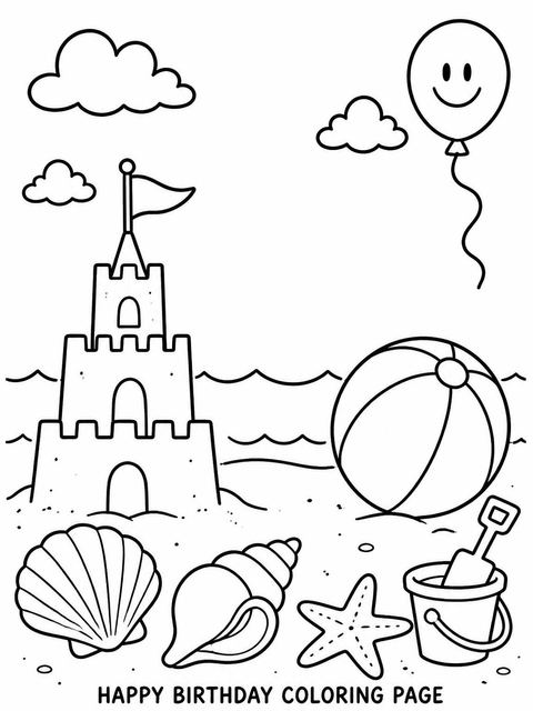 Coloring sheet in the Crayon Beach Sandcastle 8th Birthday design