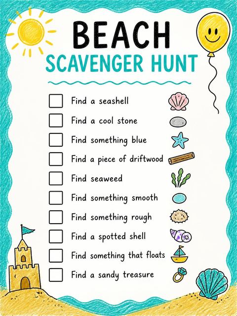Scavenger hunt in the Crayon Beach Sandcastle 8th Birthday design